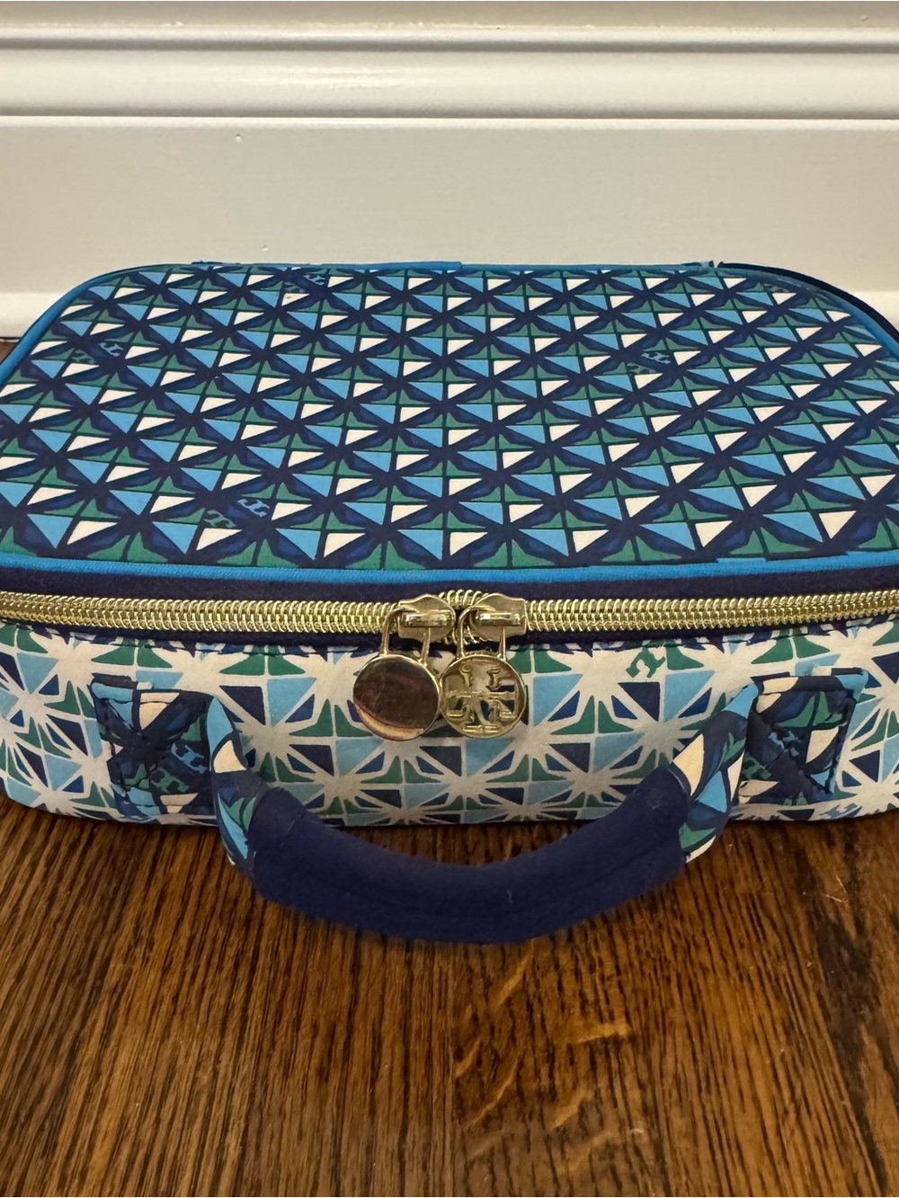 Tory Burch Blue Geometric Cosmetic Case with Gold Hardware